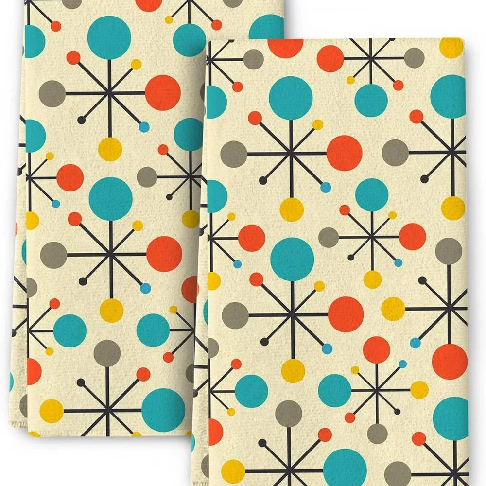 Mid Century Fifties Modern Atomic Retro Colors Kitchen Dish Towel Set of‎ 2 Soft